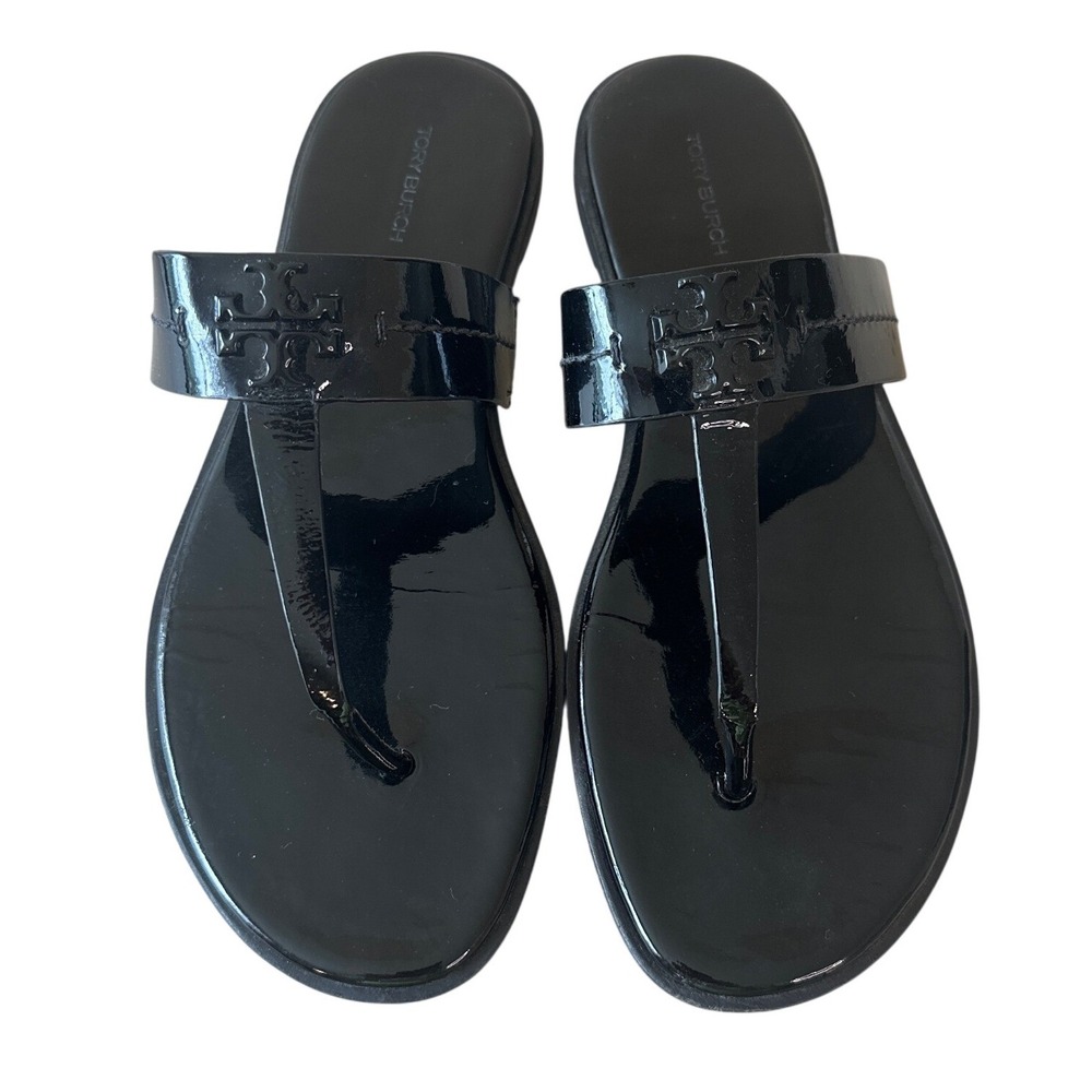 Tory Burch Emmy Patent Leather Sandals Black Glossy Logo Thong Slides 9.5